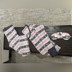 Victoria Secret Women’s cozy Pink and Gray Fair Isle Pajama Set with Eye Mask